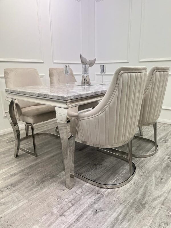 Louis Marble & Chrome Dining Table With Carlton Beige/Chrome Velvet Chairs - Image 8