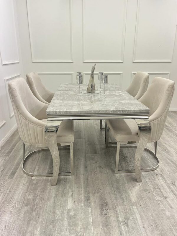 Louis Marble & Chrome Dining Table With Carlton Beige/Chrome Velvet Chairs - Image 10