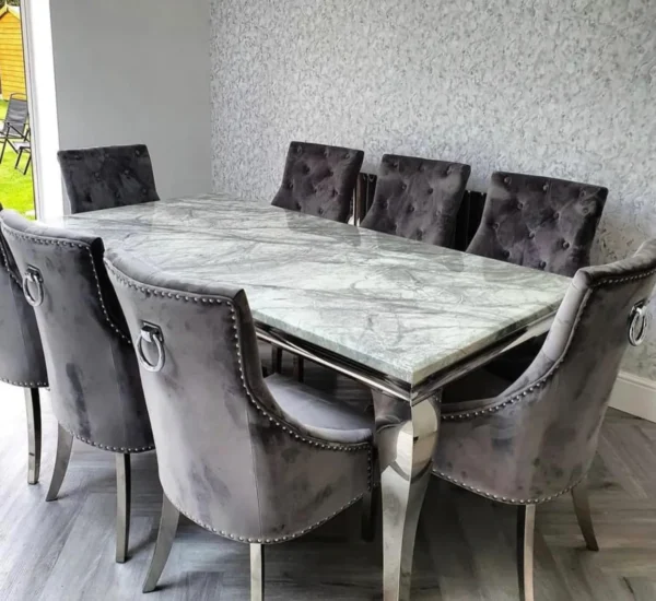 Louis Marble & Chrome Dining Table With Chrome Ring Knocker Velvet Chairs - Image 12