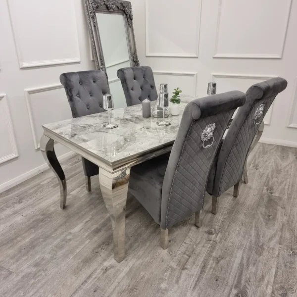 Louis Marble & Chrome Dining Table With Lucy Slim Quilted Lion Knocker Velvet Chairs & 140cm Bench - Image 2