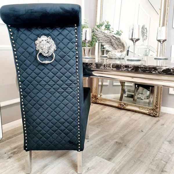 Louis Marble & Chrome Dining Table With Lucy Slim Quilted Lion Knocker Velvet Chairs - Image 7