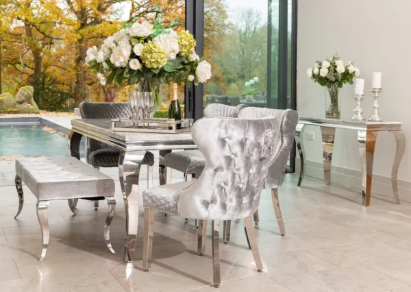 Louis Marble & Chrome Dining Table With Valente Lion Knocker Velvet Chairs & Bench - Image 2