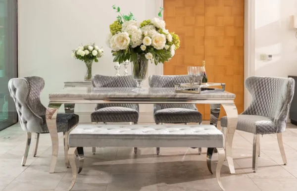 Louis Marble & Chrome Dining Table With Valente Lion Knocker Velvet Chairs & Bench - Image 3