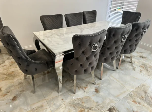 Louis Marble & Chrome Dining Table With Victoria Ring Knocker Velvet Chairs