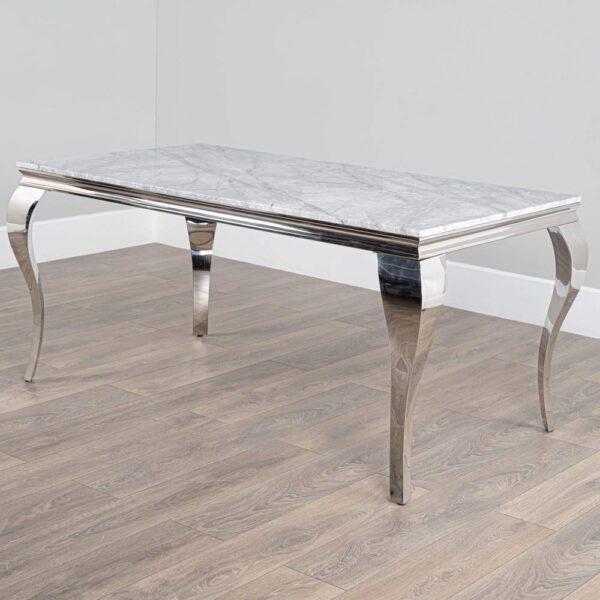 Louis White Marble Dining Table + Kensington Grey Button Back Velvet Dining Chairs - Image 2