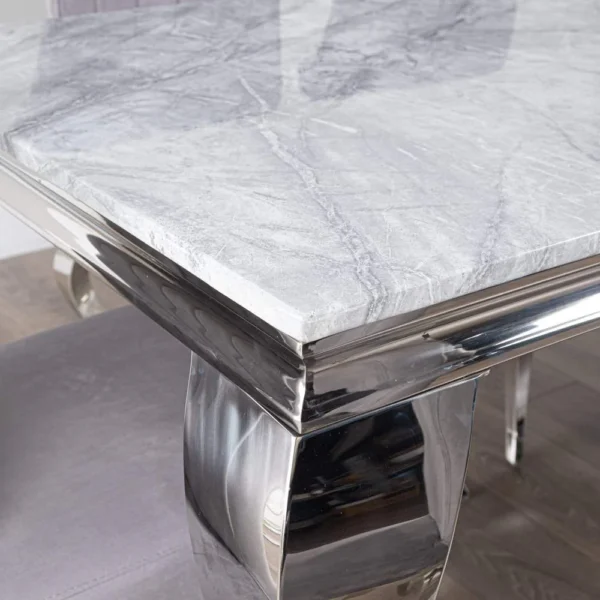 Louis White Marble Dining Table + Kensington Grey Button Back Velvet Dining Chairs - Image 4