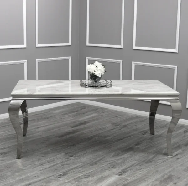 Louis White Marble Dining Table + Kensington Grey Button Back Velvet Dining Chairs - Image 3