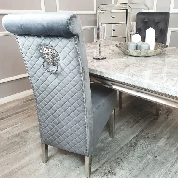 Louis 120CM Marble & Chrome Dining Table With Lucy Slim Quilted Lion Knocker Velvet Chairs - Image 10